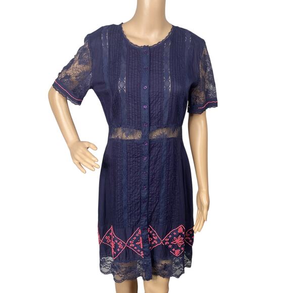 Candela Free People RARE Blue Lace Beaded Prairie Boho Dress SZ M - Picture 1 of 13